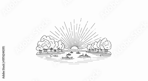 Stylized line art of a sunrise over a lake with people in canoes