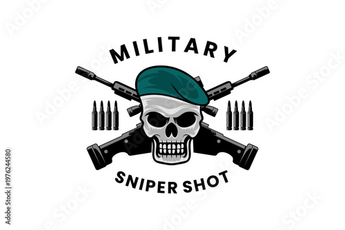 Military Skull Emblem with Crossed Rifles and Sniper Logo Design Vector Template. Military Logo Design Icon