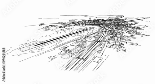 Stylized sketch of a city with roads, buildings, and an airport runway