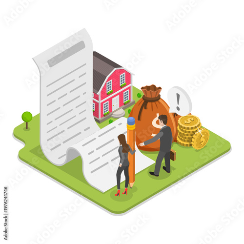 3D Isometric Flat Vector Illustration of Home Loan Agent Checking Credit History, Mortgage Broker Services. Item 2
