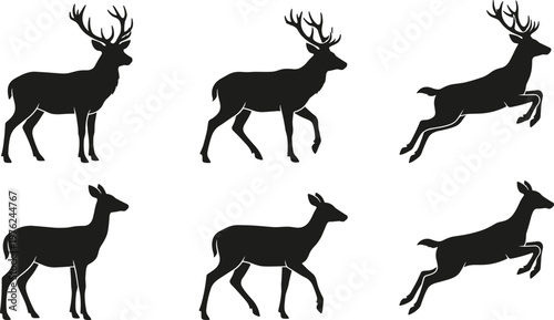 Canvas-taulu Black deer silhouettes set, standing and jumping stag and doe icons, collection