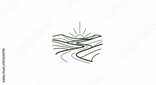 Stylized sun rises over rolling hills and a winding path