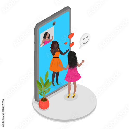 3D Isometric Flat Vector Illustration of Phone in a Dialogue Scene, Laughing Girls Communicate On Cellphone Using Reliable Mobile Provider Network.. Item 2