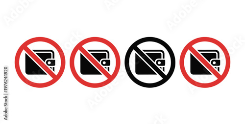No wallet icon pack, vector sign collection for finance and payment restriction, wallet prohibition symbols, no payment allowed icons, financial limitation signs, modern flat vector design for apps, s