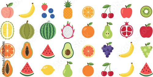 Colorful Fresh Fruit Icons Set Featuring Banana Apple Orange Watermelon Avocado Grapes Pineapple and Exotic Tropical Fruits in Flat Style