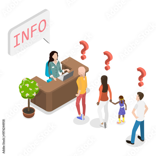 3D Isometric Flat Vector Illustration of Customer Support Desk, Characters Seek Assistance From Information Desk Staff. Item 1
