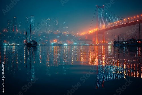 Dramatic night bridge with reflections on calm water high resolution picture
