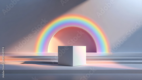 Minimal white cube podium standing on stepped platforms with a vibrant rainbow arc creating a colorful backdrop