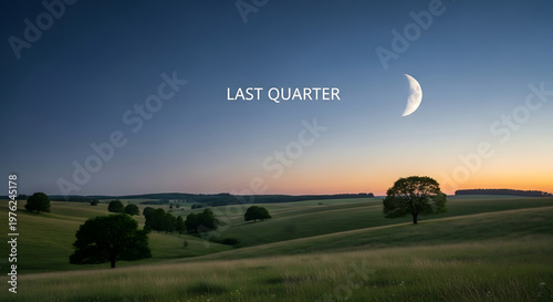 A serene landscape of rolling hills and trees under a crescent moon at dusk