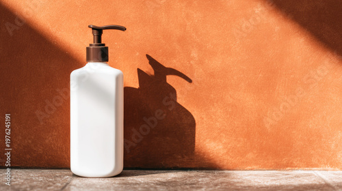 White dispenser bottle standing on concrete, warm sunlight creating a distinct shadow play on the vibrant background