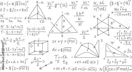 Hand drawn mathematical equations and geometric diagrams on a white background mathematics formula geometry