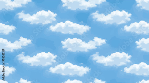 Softly rendered white clouds appear scattered across a vibrant blue sky in a repeating pattern.