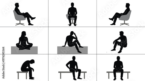 Collection of silhouettes of people sitting on chairs and benches, diverse poses of men and women, waiting, resting, and contemplating, isolated