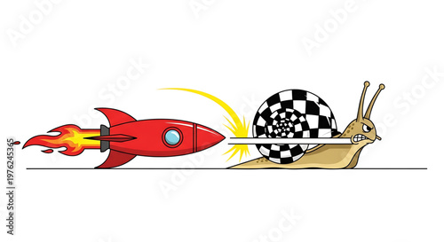 A colorful vector graphic illustration of a rocket pushing a snail with a checkered flag shell