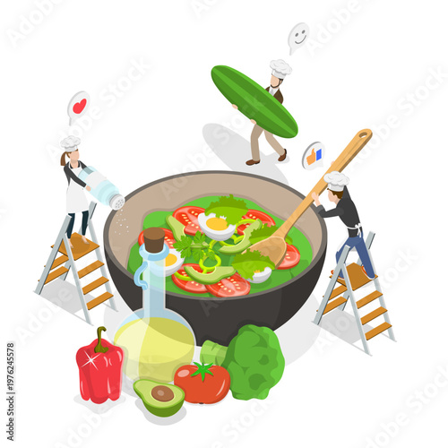 3D Isometric Flat Vector Illustration of Cooking Classes, Chef Preparing Food. Item 1