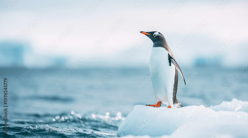 Obraz premium Gentoo penguin standing tall on a floating ice floe, observing the vast cold ocean environment