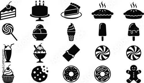 Large collection of dessert icons, black silhouettes of cake, ice cream, donuts, cookies, candy, sweets, and bakery treats, isolated on white
