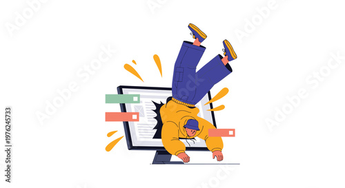 Frustrated businessman, stressed employee, falling through screen, overwhelmed office worker, digital collapse