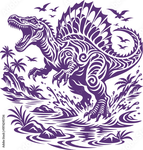 Spinosaurus Tribal Roaring River Scene Art