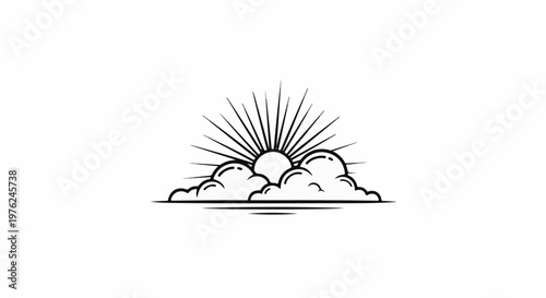 Stylized sun rising over clouds, emitting radiant lines above a horizon
