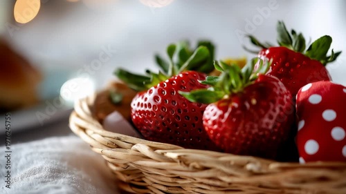 Basket with fresh strawberries and a red polka dot heart, cozy romantic breakfast still life