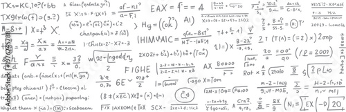 Hand drawn complex mathematical equations and formulas on a white background mathematics algebra