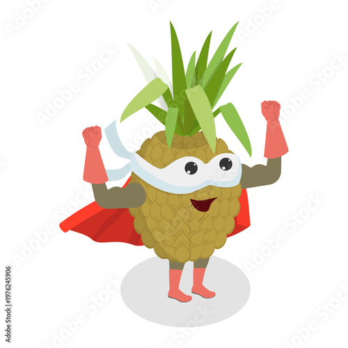 3D Isometric Flat Vector Illustration of Pineapple Hero, Humorous Superhero Cartoon Character Making Expressive Gestures In Mask and Costume. Item 2