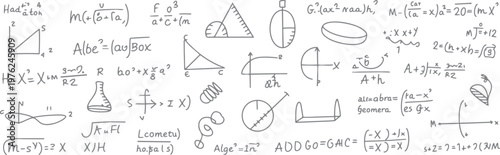 Hand drawn mathematical equations geometric shapes and scientific formulas on white background mathematics