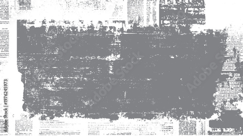 Distressed newspaper texture with faded text and grey splotches overlaying white background grunge vintage