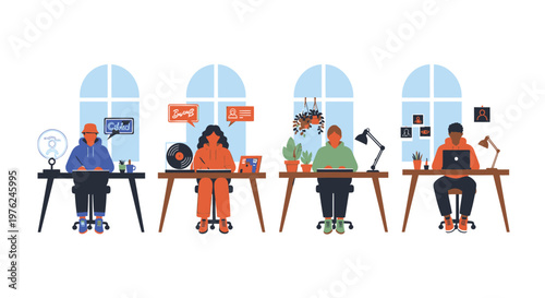 Remote workers, freelancers, office, coworking, team, collaboration, workspace, desk, laptop, modern, flat design, vector icons