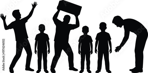 Silhouettes of children and adults interaction isolated on white background, parenting, discipline concept, family relationship, guidance, behavior, conflict, teaching moment
