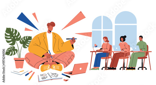 Remote work, business people, collaboration, office, teamwork, vector icons