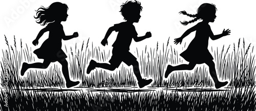 Silhouettes of children running through tall grass, happy group of kids playing outdoors in nature, active childhood summer field scene, isolated