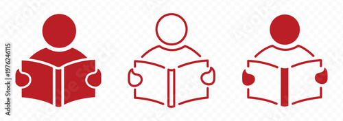 Black and white reading icon set featuring people reading books, open textbooks, library symbols, and educational literature for school, university, literacy, and academic study designs