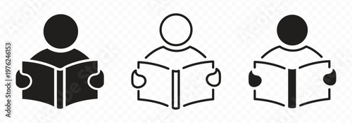 Reading book icon set. Reader, education, learning, learn. Read book symbol on white background - stock vector.
