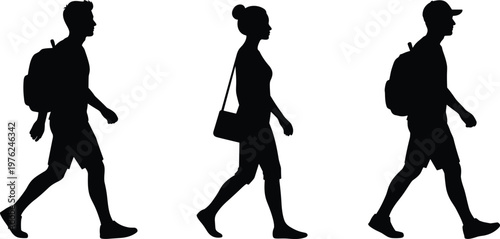 Silhouettes of people walking, young men with backpacks and a woman with a shoulder bag in motion, side view travelers,