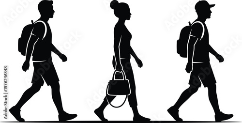 Silhouettes of people walking, young men with backpacks and woman with handbag in motion, side view travelers isolated on white,