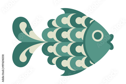 A stylized illustration of a green fish with cream accents