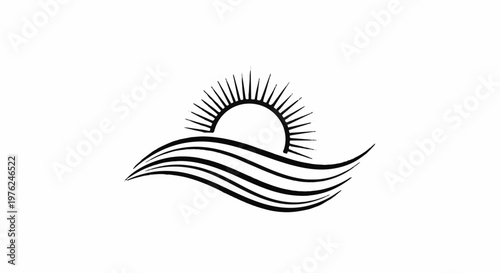 Stylized sun rising over wavy lines, symbolizing a new beginning