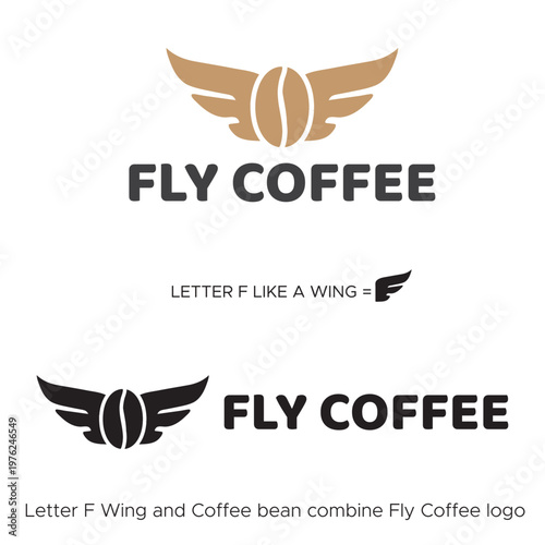 Letter f like a wing and coffee bean combine Fly Coffee logo design concept 2026