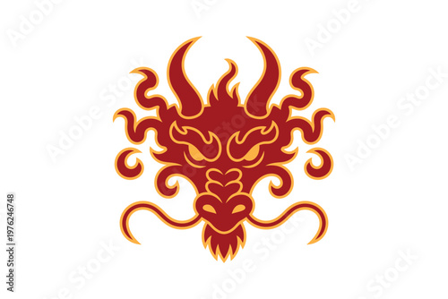 A vibrant red and orange dragon head logo on a white background