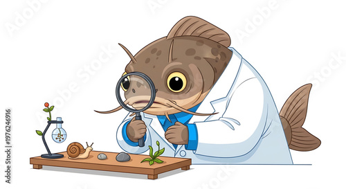 A cartoon fish in a lab coat examines a snail and plants with a magnifying glass