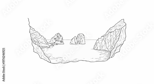 Stylized sketch of a serene bay with rocky cliffs and calm water