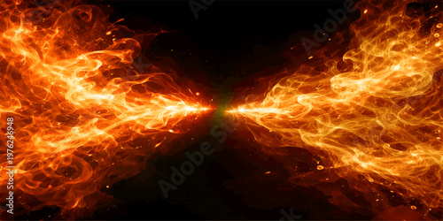 Abstract burning inferno with orange and red fiery flames exploding against a black background creates a hot energy texture of light and smoke