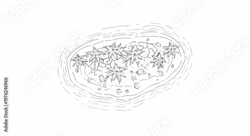 Stylized sketch of a small tropical island with palm trees and seashells