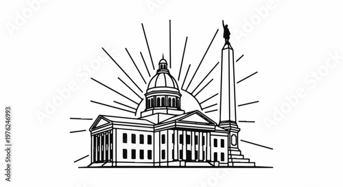 Stylized neoclassical building with dome, obelisk, and sunburst motif