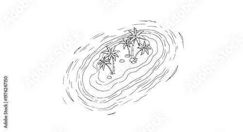 Stylized sketch of a tropical island with palm trees surrounded by waves