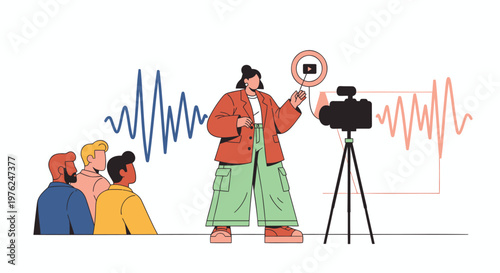 Flat design people recording video, sound waves, camera on tripod, social media content creation