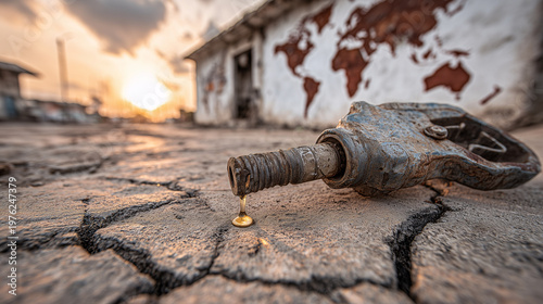 Close-up of a rusted fuel nozzle lying on cracked parched earth and a single golden drop of oil clings to the tip with blurred background building features world map suggesting global fuel crisis.
