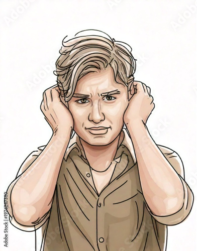Man covering ears to block out noise and sound.